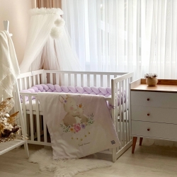 Set de Lenjerie pentru Pătuț Bebe, 6 piese, Model Iepuraș Mov